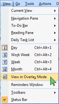 Oulook - menu - View - View in Overlay Mode