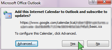 Outlook - Add Internet Calendar - Confirm